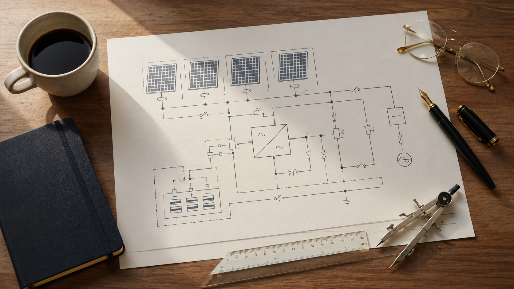 Escritorio de ingeniería con esquema unifilar y herramientas técnicas