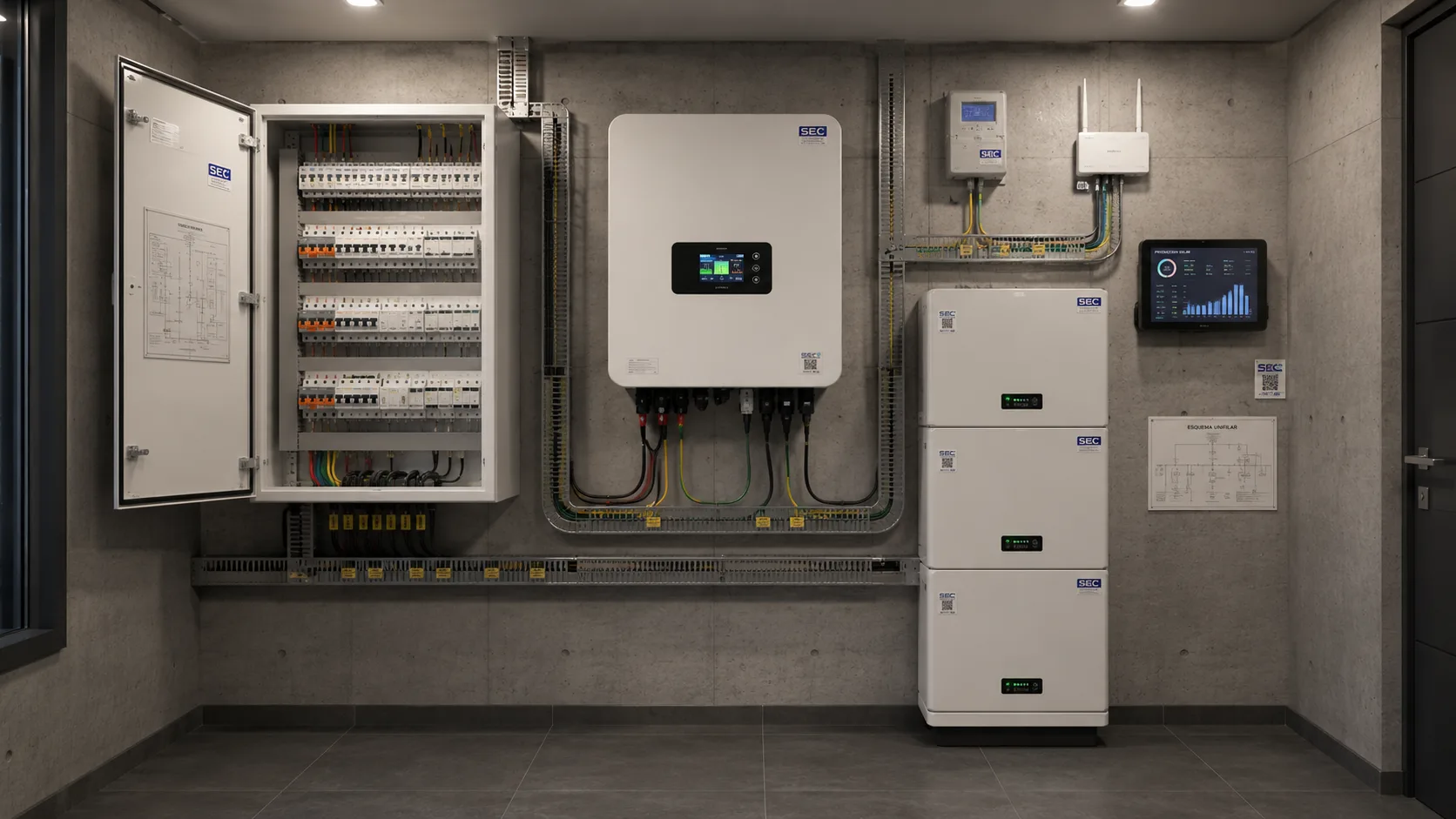 Sala técnica con inversor híbrido, batería LiFePO₄ y subtablero de cargas críticas